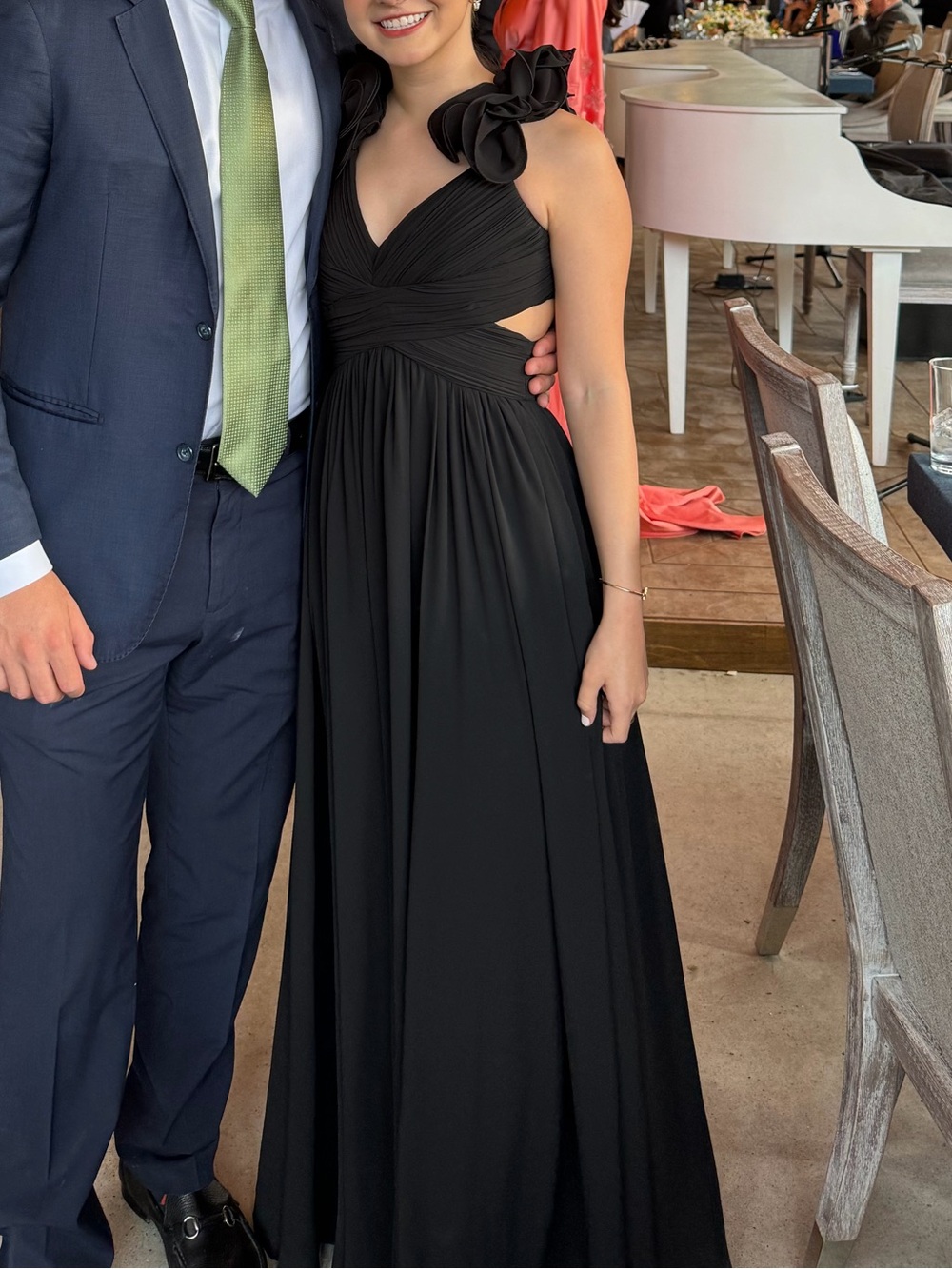 Elegant Black Ruffle-Shoulder Evening Gown